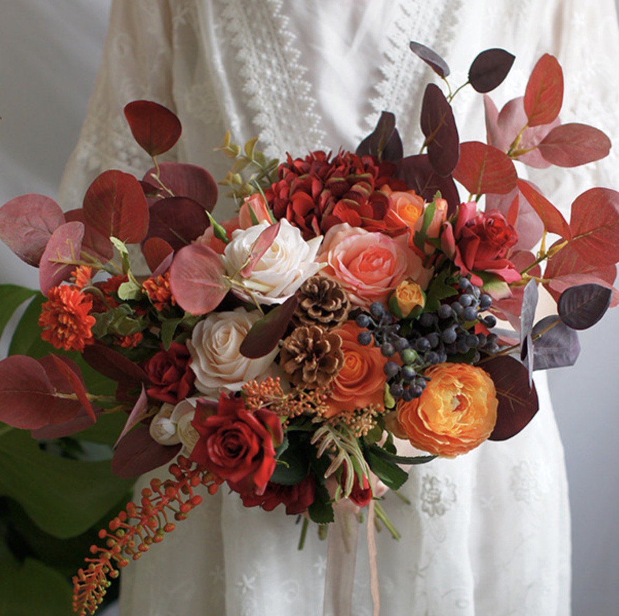 artificial red floral autumn bouquet wedding